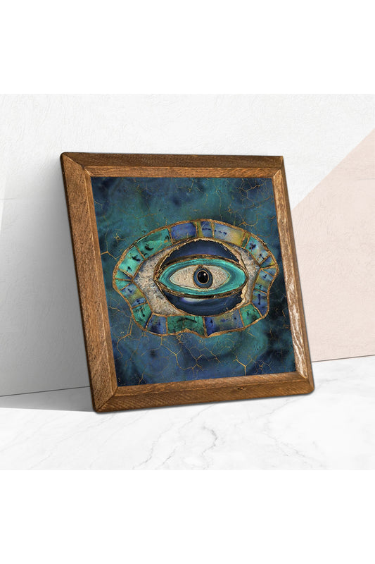Nazar Göz Taş Duvar Tablosu - Ahşap Çerçeveli Taş Tablo - 25x25 cm - Dekoratif Duvar Sanatı - Modern Ev ve Ofis Duvar Dekoru -W1-200