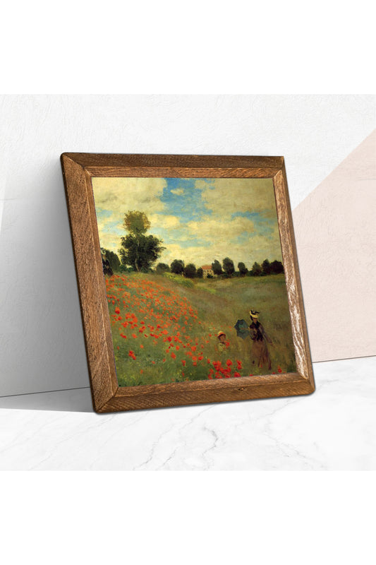 Claude Monet Gelincikler Taş Duvar Tablosu - Ahşap Çerçeveli Taş Tablo - 25x25 cm - Dekoratif Duvar Sanatı - Modern Ev ve Ofis Duvar Dekoru -W1-247