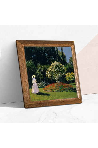 Claude Monet Bahçedeki Kadın Taş Duvar Tablosu - Ahşap Çerçeveli Taş Tablo - 25x25 cm - Dekoratif Duvar Sanatı, Modern Ev ve Ofis Duvar Dekoru -W1-249