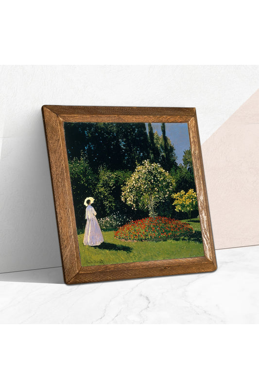 Claude Monet Bahçedeki Kadın Taş Duvar Tablosu - Ahşap Çerçeveli Taş Tablo - 25x25 cm - Dekoratif Duvar Sanatı, Modern Ev ve Ofis Duvar Dekoru -W1-249