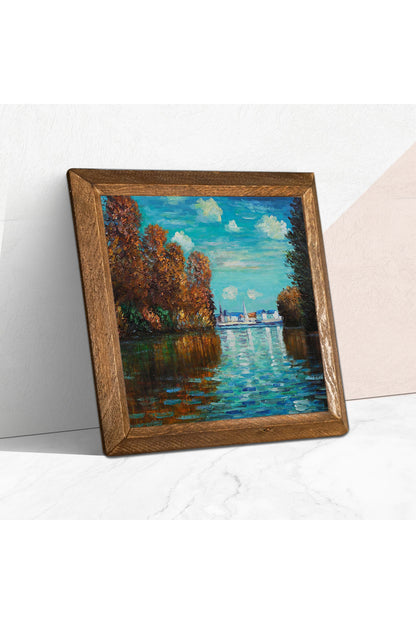 Claude Monet Sonbahar Taş Duvar Tablosu - Ahşap Çerçeveli Taş Tablo - 25x25 cm - Dekoratif Duvar Sanatı - Modern Ev ve Ofis Duvar Dekoru -W1-254