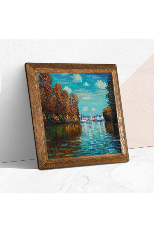 Claude Monet Sonbahar Taş Duvar Tablosu - Ahşap Çerçeveli Taş Tablo - 25x25 cm - Dekoratif Duvar Sanatı - Modern Ev ve Ofis Duvar Dekoru -W1-254