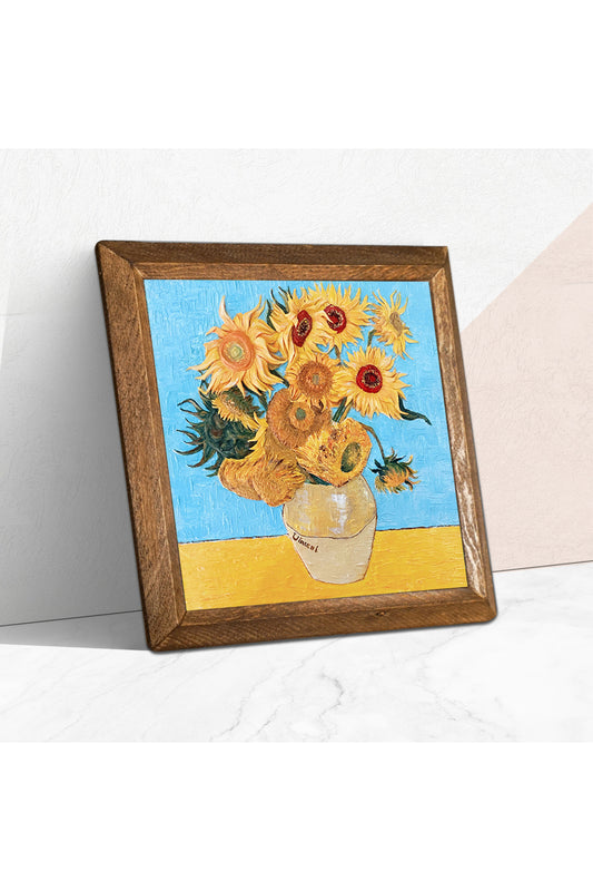 Vincent van Gogh On İki Ayçiçekli Vazo Taş Duvar Tablosu - Ahşap Çerçeveli Taş Tablo - 25x25 cm - Dekoratif Duvar Sanatı - Modern Ev ve Ofis Duvar Dekoru -W1-276