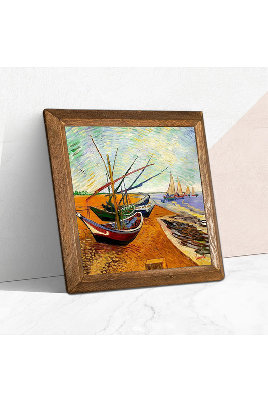 Vincent van Gogh Balıkçı Tekneleri Taş Duvar Tablosu - Ahşap Çerçeveli Taş Tablo - 25x25 cm - Dekoratif Duvar Sanatı - Modern Ev ve Ofis Duvar Dekoru -W1-277