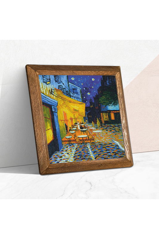 Vincent van Gogh Kafe Terasta Gece Taş Duvar Tablosu - Ahşap Çerçeveli Taş Tablo - 25x25 cm - Dekoratif Duvar Sanatı - Modern Ev ve Ofis Duvar Dekoru -W1-279