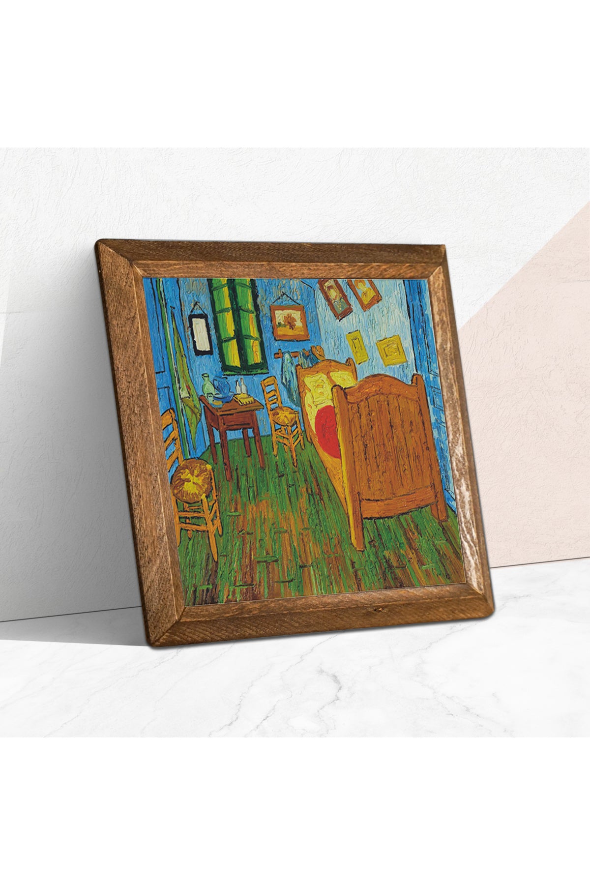 Vincent van Gogh Arles'teki Yatak Odası Taş Duvar Tablosu - Ahşap Çerçeveli Taş Tablo - 25x25 cm - Dekoratif Duvar Sanatı - Modern Ev ve Ofis Duvar Dekoru -W1-286