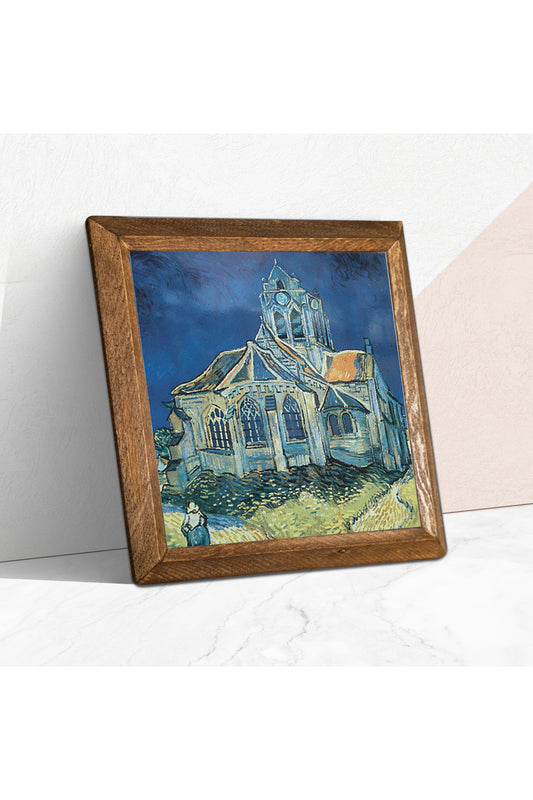 Vincent van Gogh Auvers'deki Kilise Taş Duvar Tablosu - Ahşap Çerçeveli Taş Tablo - 25x25 cm - Dekoratif Duvar Sanatı - Modern Ev ve Ofis Duvar Dekoru -W1-289