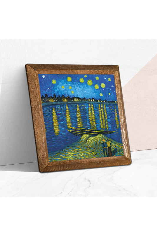 Vincent van Gogh Ren Nehri’nde Yıldızlı Bir Gece Taş Duvar Tablosu - Ahşap Çerçeveli Taş Tablo - 25x25 cm - Dekoratif Duvar Sanatı - Modern Ev ve Ofis Duvar Dekoru -W1-293