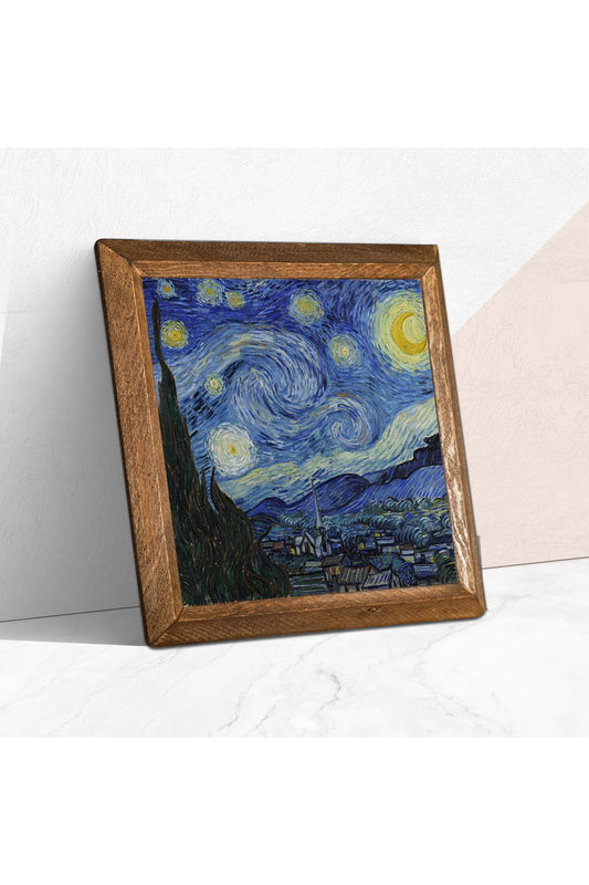 Vincent van Gogh Yıldızlı Gece Taş Duvar Tablosu - Ahşap Çerçeveli Taş Tablo - 25x25 cm - Dekoratif Duvar Sanatı - Modern Ev ve Ofis Duvar Dekoru -W1-65