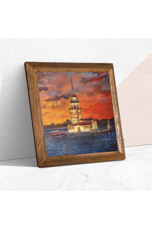 İstanbul Kız Kulesi Taş Duvar Tablosu - Ahşap Çerçeveli Taş Tablo - 25x25 cm - Dekoratif Duvar Sanatı - Modern Ev ve Ofis Duvar Dekoru -W1-88