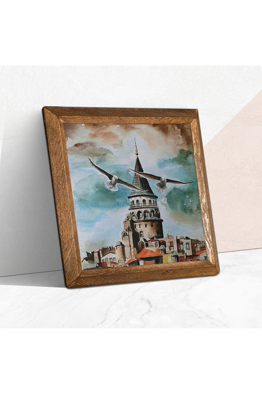 İstanbul Galata Kulesi Taş Duvar Tablosu - Ahşap Çerçeveli Taş Tablo - 25x25 cm - Dekoratif Duvar Sanatı - Modern Ev ve Ofis Duvar Dekoru -W1-89