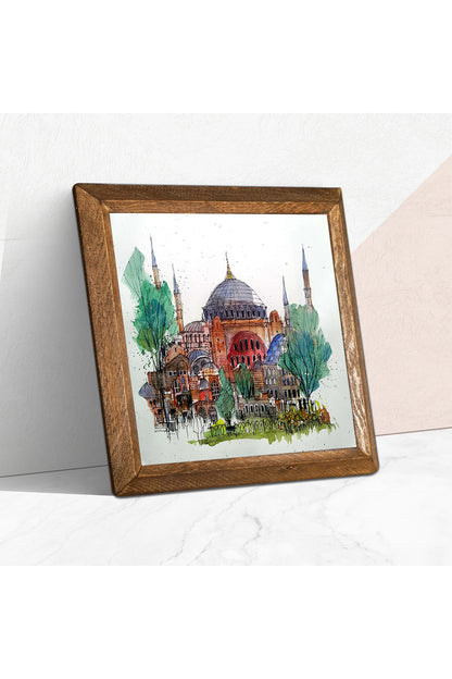 İstanbul Ayasofya Taş Duvar Tablosu - Ahşap Çerçeveli Taş Tablo - 25x25 cm - Dekoratif Duvar Sanatı - Modern Ev ve Ofis Duvar Dekoru -W1-90