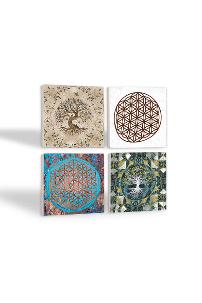 Pinecone Yaşam Çiçeği, Hayat Ağacı Taş Bardak Altlığı Seti - 4 Parça - Dekoratif, Rustik Mutfak Aksesuarı, 10x10 cm, Kaydırmaz Tabanlı, Şık ve Dayanıklı SC106