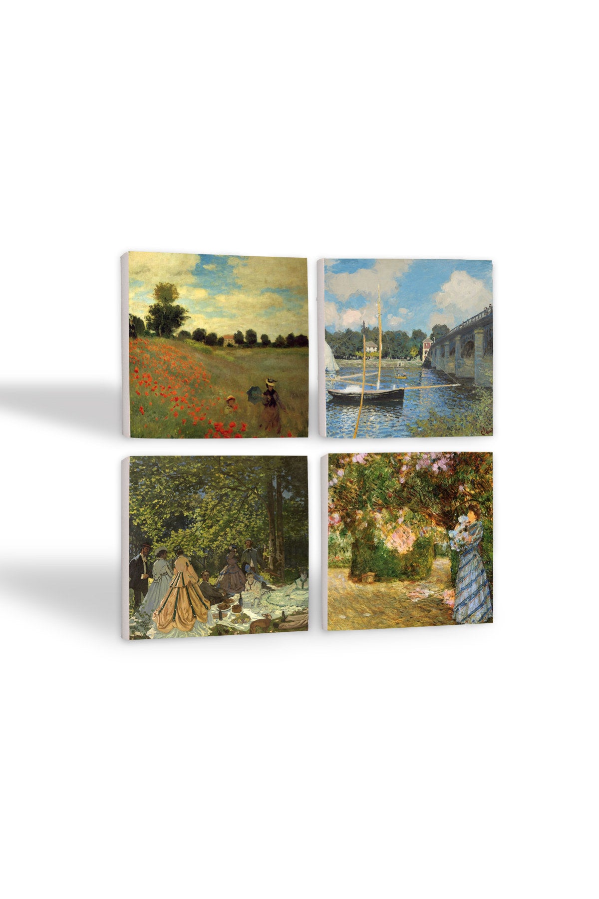 Pinecone Claude Monet Bahçede, Kırda Öğle Yemeği, Argenteuil'de Köprü, Gelincikler Taş Bardak Altlığı Seti - 4 Parça - Dekoratif, Rustik Mutfak Aksesuarı, 10x10 cm, Kaydırmaz TabanlıSC128