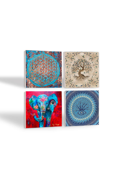Pinecone Fil, Nazar, Yaşam Çiçeği, Hayat Ağacı Taş Bardak Altlığı Seti - 4 Parça - Dekoratif, Rustik Mutfak Aksesuarı, 10x10 cm, Kaydırmaz Tabanlı, Şık ve Dayanıklı SC133