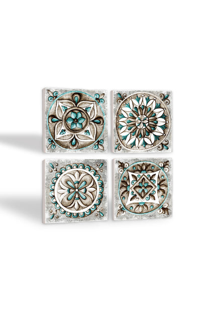 Pinecone Çini Sanatı Taş Bardak Altlığı Seti - 4 Parça - Dekoratif, Rustik Mutfak Aksesuarı, 10x10 cm, Kaydırmaz Tabanlı, Şık ve Dayanıklı SC146