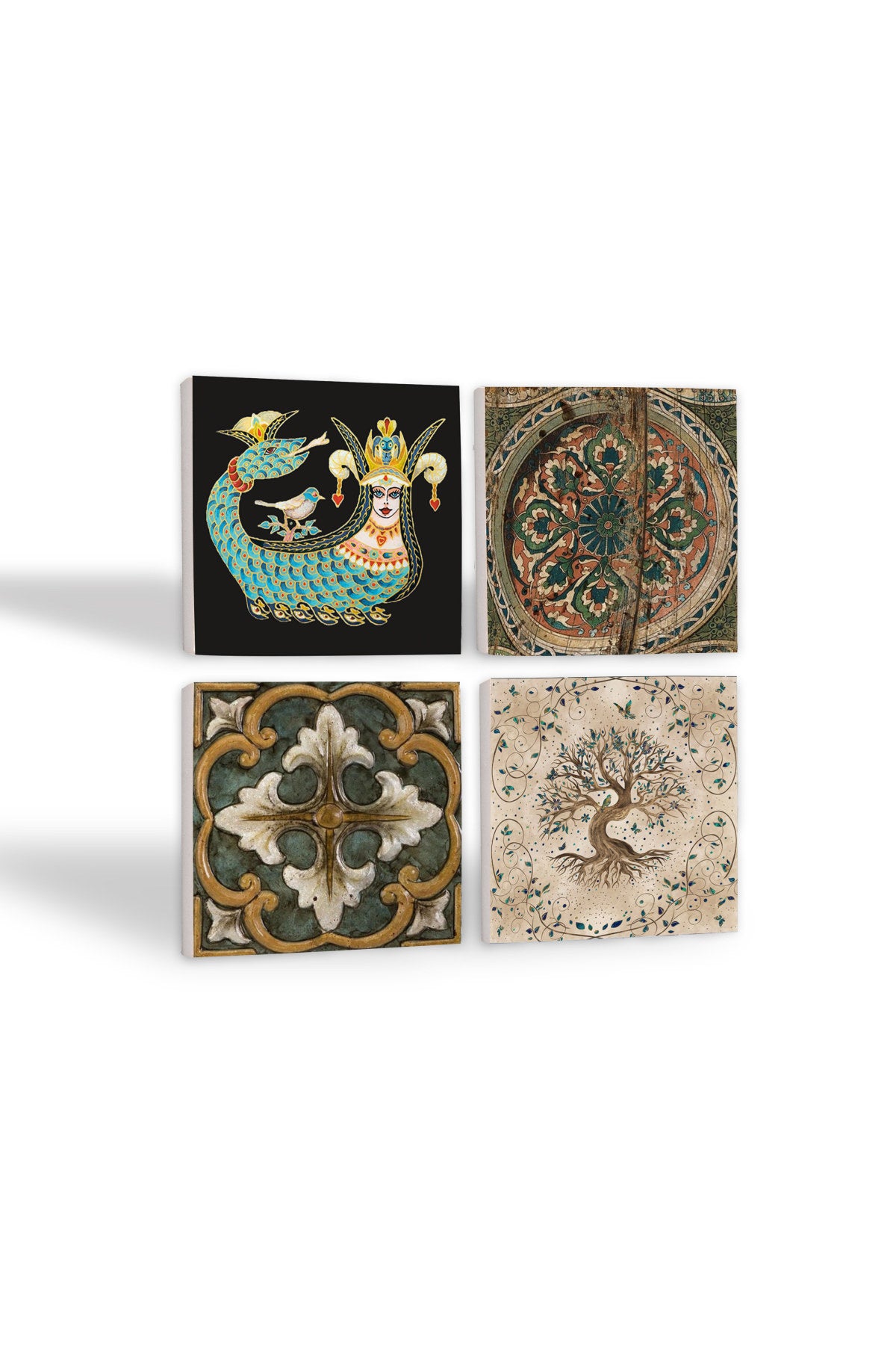 Pinecone Vintage, Desen, Şahmeran, Hayat Ağacı Taş Bardak Altlığı Seti - 4 Parça - Dekoratif, Rustik Mutfak Aksesuarı, 10x10 cm, Kaydırmaz Tabanlı, Şık ve Dayanıklı SC149