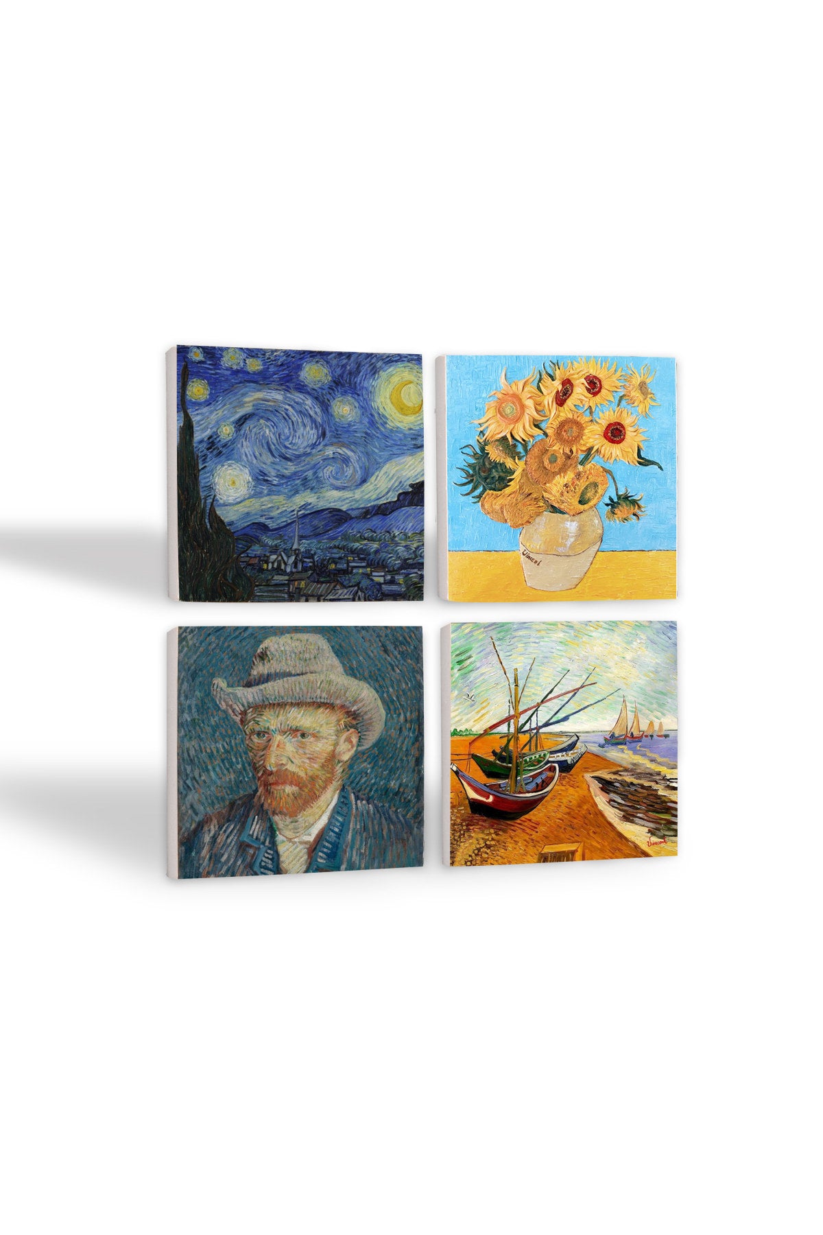 Pinecone Van Gogh Balıkçı Tekneleri, On İki Ayçiçekli Vazo, Yıldızlı Gece, Otoportre Taş Bardak Altlığı Seti - 4 Parça - Dekoratif, Rustik Mutfak Aksesuarı, 10x10 cm, Kaydırmaz TabanlıSC154