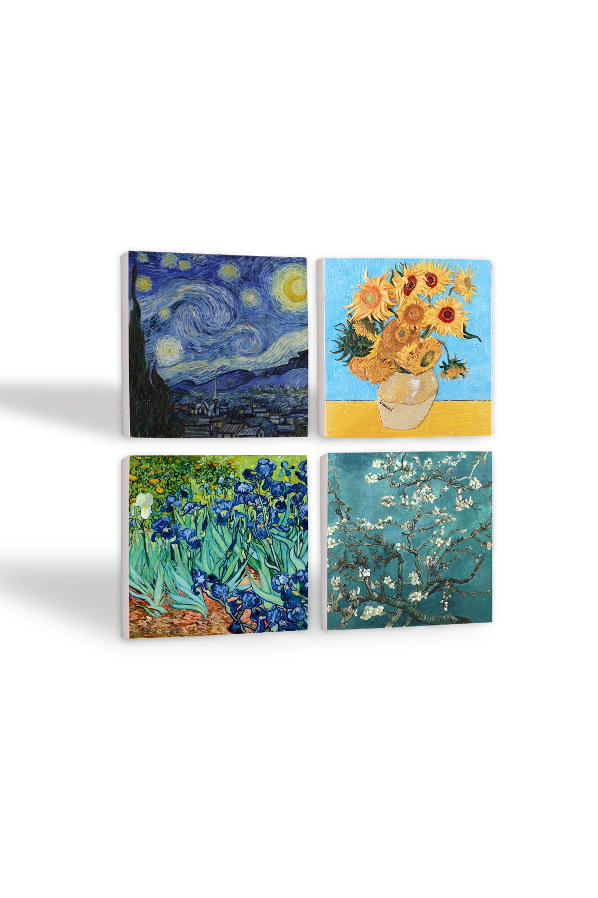 Pinecone Van Gogh On İki Ayçiçekli Vazo, İrisler, Yıldızlı Gece, Badem Ağacı Taş Bardak Altlığı Seti - 4 Parça - Dekoratif, Rustik Mutfak Aksesuarı, 10x10 cm, Kaydırmaz Tabanlı, Şık ve Dayanıklı SC179