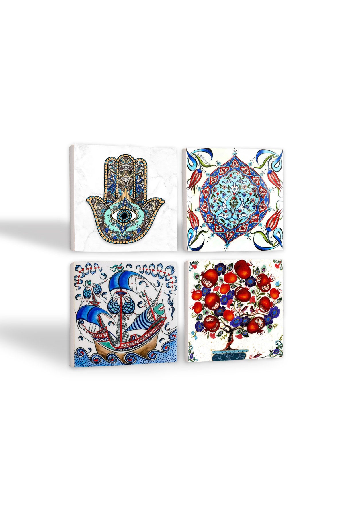 Pinecone Çini Sanatı, Yelkenli Gemi, Nar Ağacı, Fatma Ana Eli (Hamsa) Taş Bardak Altlığı Seti - 4 Parça - Dekoratif, Rustik Mutfak Aksesuarı, 10x10 cm, Kaydırmaz Tabanlı, Şık ve Dayanıklı SC201