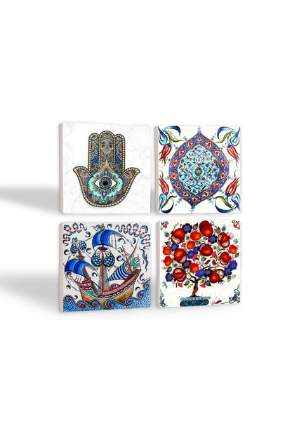 Pinecone Çini Sanatı, Yelkenli Gemi, Nar Ağacı, Fatma Ana Eli (Hamsa) Taş Bardak Altlığı Seti - 4 Parça - Dekoratif, Rustik Mutfak Aksesuarı, 10x10 cm, Kaydırmaz Tabanlı, Şık ve Dayanıklı SC201