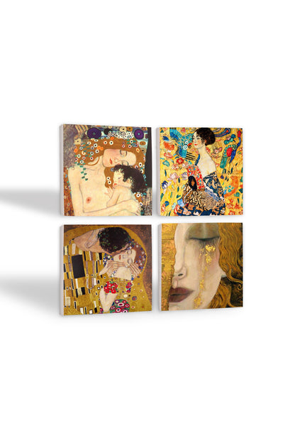 Pinecone Gustav Klimt Yelpazeli Kadın, Altın Gözyaşları, Anne Çocuk, Öpücük Taş Bardak Altlığı Seti - 4 Parça - Dekoratif, Rustik Mutfak Aksesuarı, 10x10 cm, Kaydırmaz Tabanlı, Şık ve Dayanıklı SC204