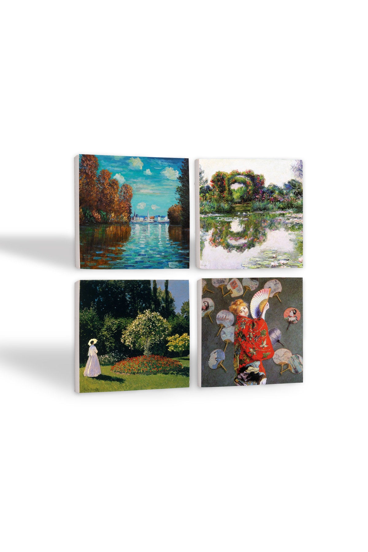 Pinecone Claude Monet Sonbahar, Japon Kostümü, Gül Çiçekli Kemer, Bahçedeki Kadın Taş Bardak Altlığı Seti - 4 Parça - Dekoratif, Rustik Mutfak Aksesuarı, 10x10 cm, Kaydırmaz TabanlıSC223