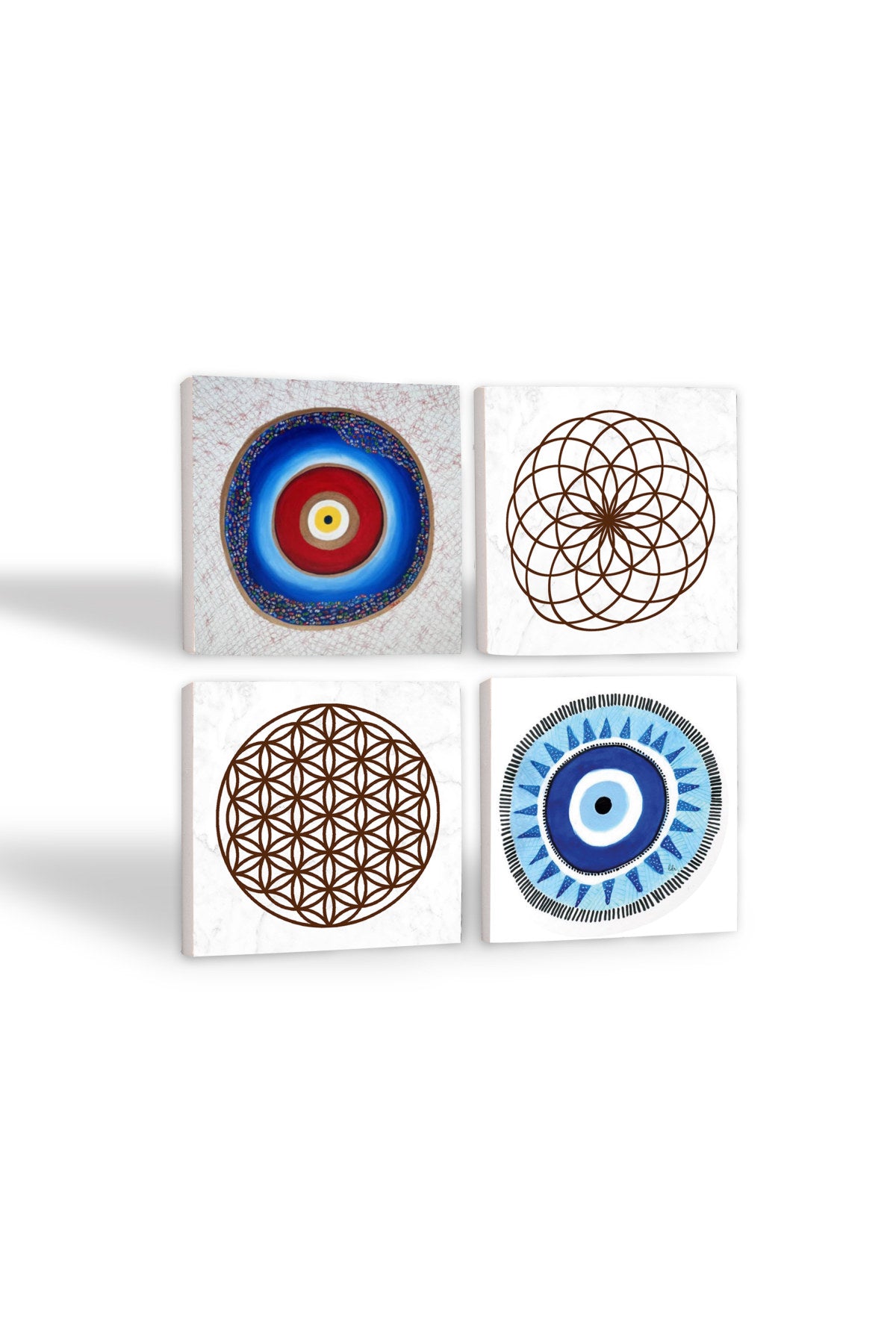 Pinecone Nazar, Yaşam Çiçeği Taş Bardak Altlığı Seti - 4 Parça - Dekoratif, Rustik Mutfak Aksesuarı, 10x10 cm, Kaydırmaz Tabanlı, Şık ve Dayanıklı SC224