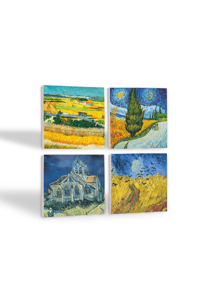 Pinecone Van Gogh Hasat Manzarası, Yıldızlı Yol, Buğday Tarlası ve Kargalar, Kilise Taş Bardak Altlığı Seti - 4 Parça - Dekoratif, Rustik Mutfak Aksesuarı, 10x10 cm, Kaydırmaz TabanlıSC225