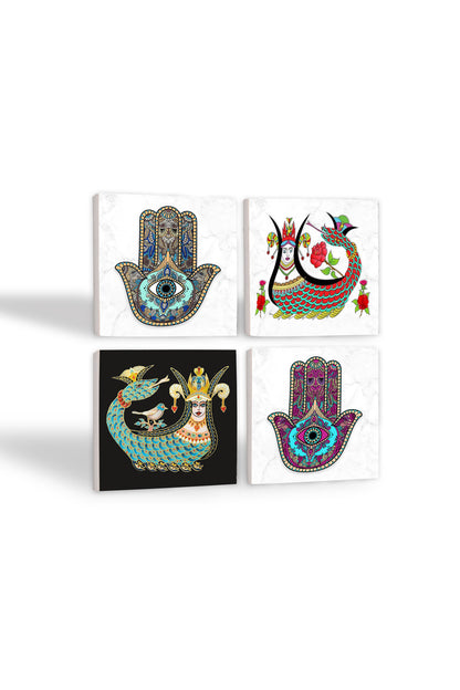 Pinecone Şahmeran, Fatma Ana Eli (Hamsa) Taş Bardak Altlığı Seti - 4 Parça - Dekoratif, Rustik Mutfak Aksesuarı, 10x10 cm, Kaydırmaz Tabanlı, Şık ve Dayanıklı SC226