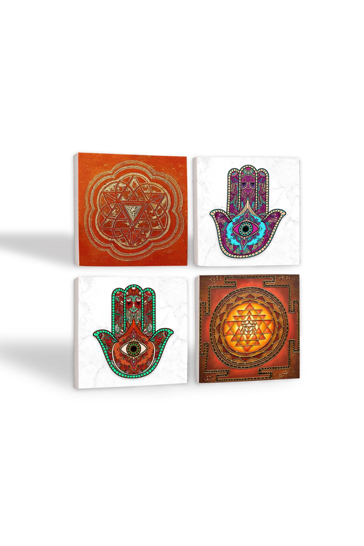 Pinecone Sri Yantra, Fatma Ana Eli (Hamsa) Taş Bardak Altlığı Seti - 4 Parça - Dekoratif, Rustik Mutfak Aksesuarı, 10x10 cm, Kaydırmaz Tabanlı, Şık ve Dayanıklı SC232