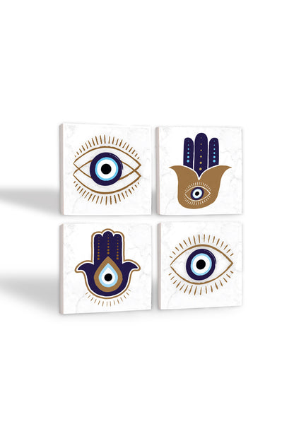 Pinecone Fatma Ana Eli (Hamsa), Nazar Taş Bardak Altlığı Seti - 4 Parça - Dekoratif, Rustik Mutfak Aksesuarı, 10x10 cm, Kaydırmaz Tabanlı, Şık ve Dayanıklı SC236