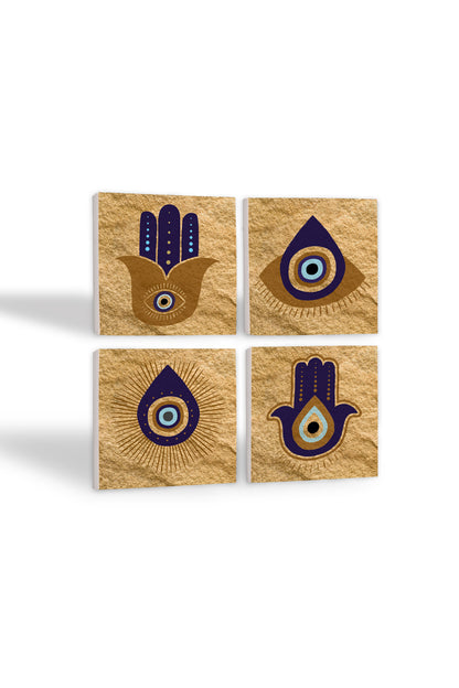 Pinecone Fatma Ana Eli (Hamsa), Nazar Taş Bardak Altlığı Seti - 4 Parça - Dekoratif, Rustik Mutfak Aksesuarı, 10x10 cm, Kaydırmaz Tabanlı, Şık ve Dayanıklı SC244