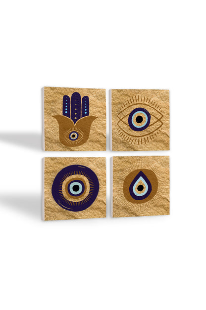Pinecone Fatma Ana Eli (Hamsa), Nazar Taş Bardak Altlığı Seti - 4 Parça - Dekoratif, Rustik Mutfak Aksesuarı, 10x10 cm, Kaydırmaz Tabanlı, Şık ve Dayanıklı SC246