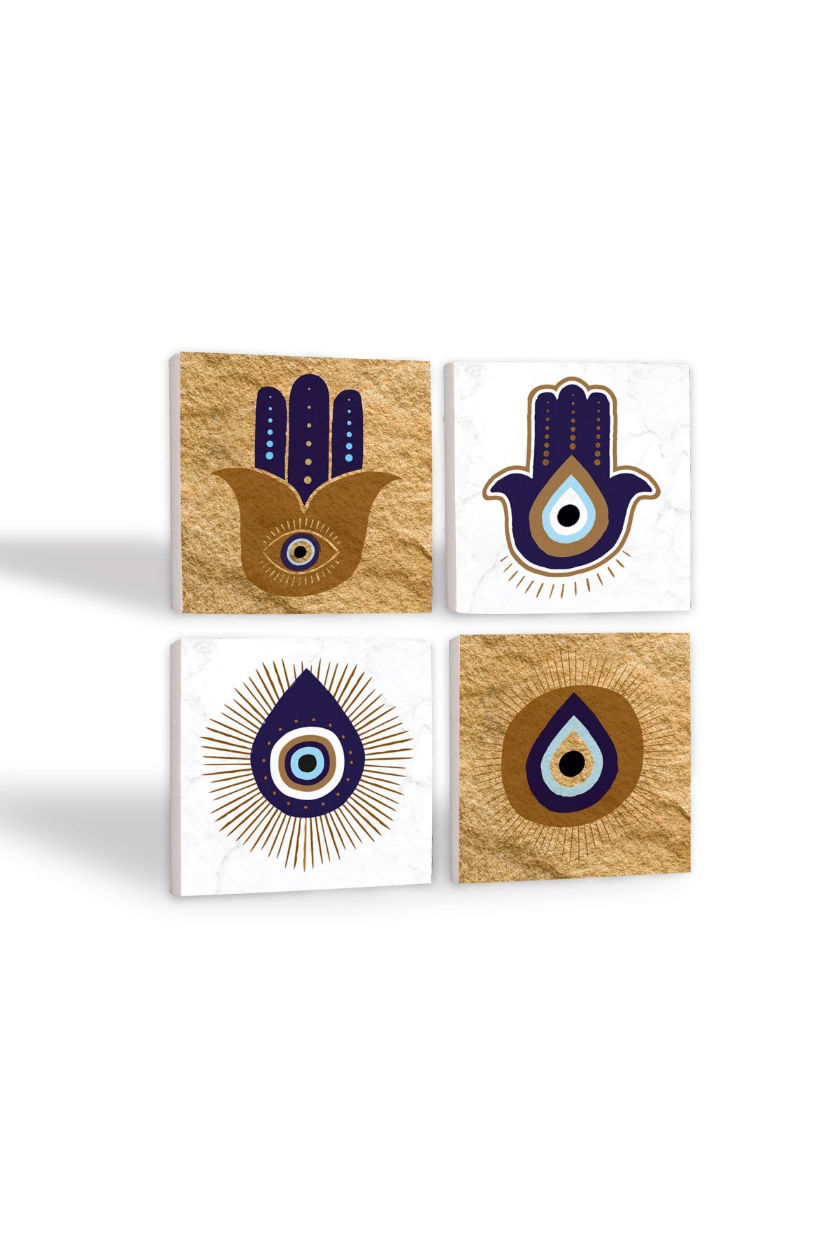 Pinecone Fatma Ana Eli (Hamsa), Nazar Taş Bardak Altlığı Seti - 4 Parça - Dekoratif, Rustik Mutfak Aksesuarı, 10x10 cm, Kaydırmaz Tabanlı, Şık ve Dayanıklı SC247