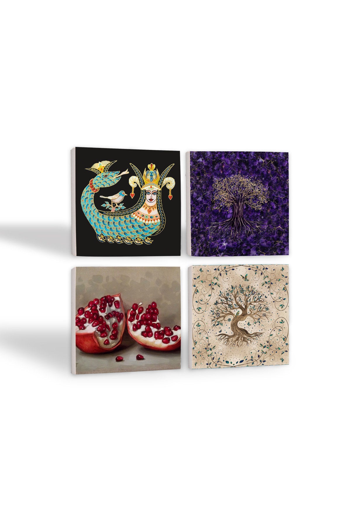 Pinecone Şahmeran, Hayat Ağacı, Nar Taş Bardak Altlığı Seti - 4 Parça - Dekoratif, Rustik Mutfak Aksesuarı, 10x10 cm, Kaydırmaz Tabanlı, Şık ve Dayanıklı SC254