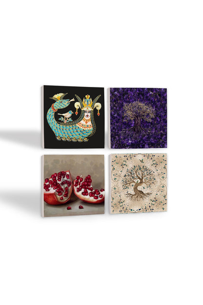 Pinecone Şahmeran, Hayat Ağacı, Nar Taş Bardak Altlığı Seti - 4 Parça - Dekoratif, Rustik Mutfak Aksesuarı, 10x10 cm, Kaydırmaz Tabanlı, Şık ve Dayanıklı SC254