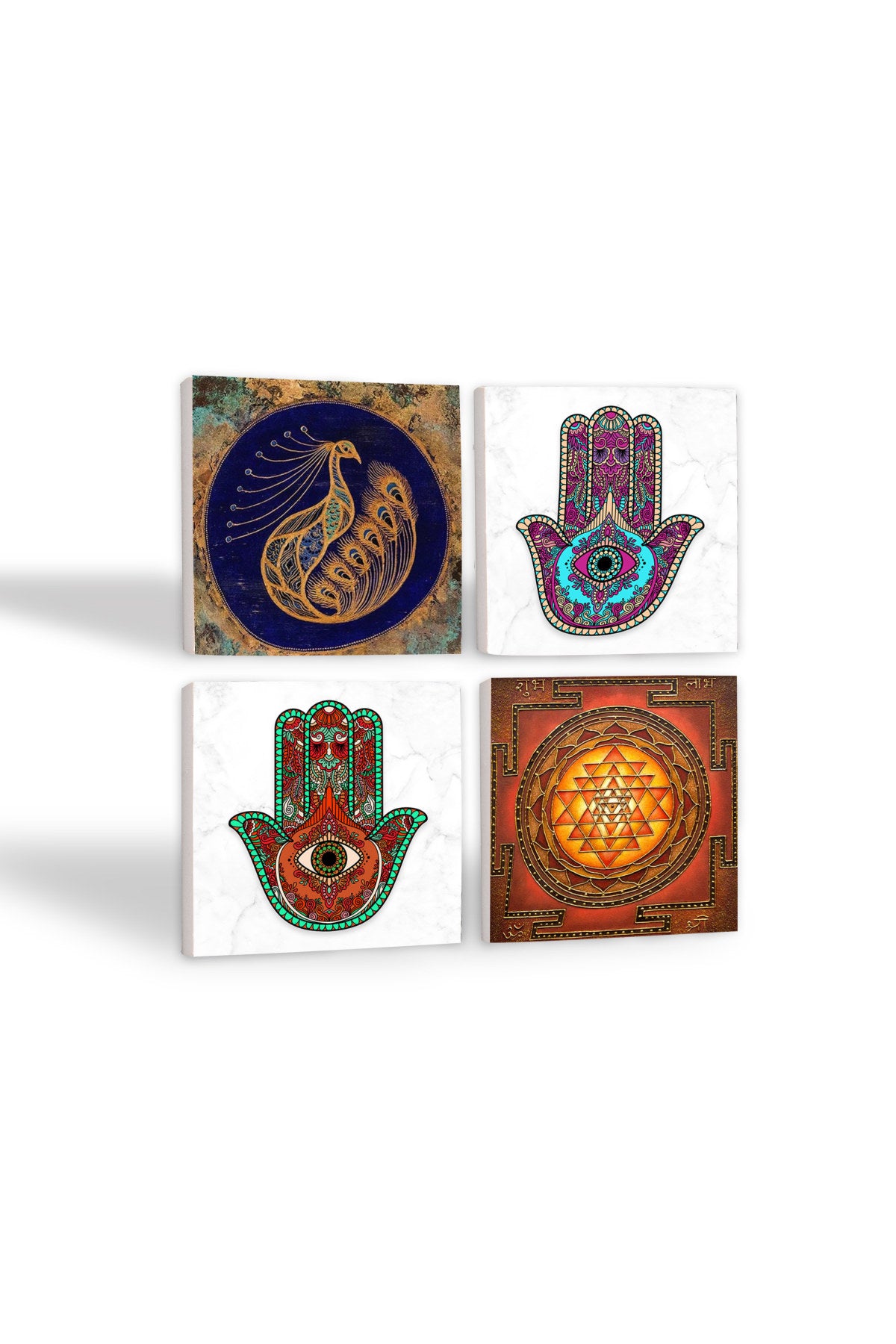 Pinecone Tavus Kuşu, Sri Yantra, Fatma Ana Eli (Hamsa) Taş Bardak Altlığı Seti - 4 Parça - Dekoratif, Rustik Mutfak Aksesuarı, 10x10 cm, Kaydırmaz Tabanlı, Şık ve Dayanıklı SC258
