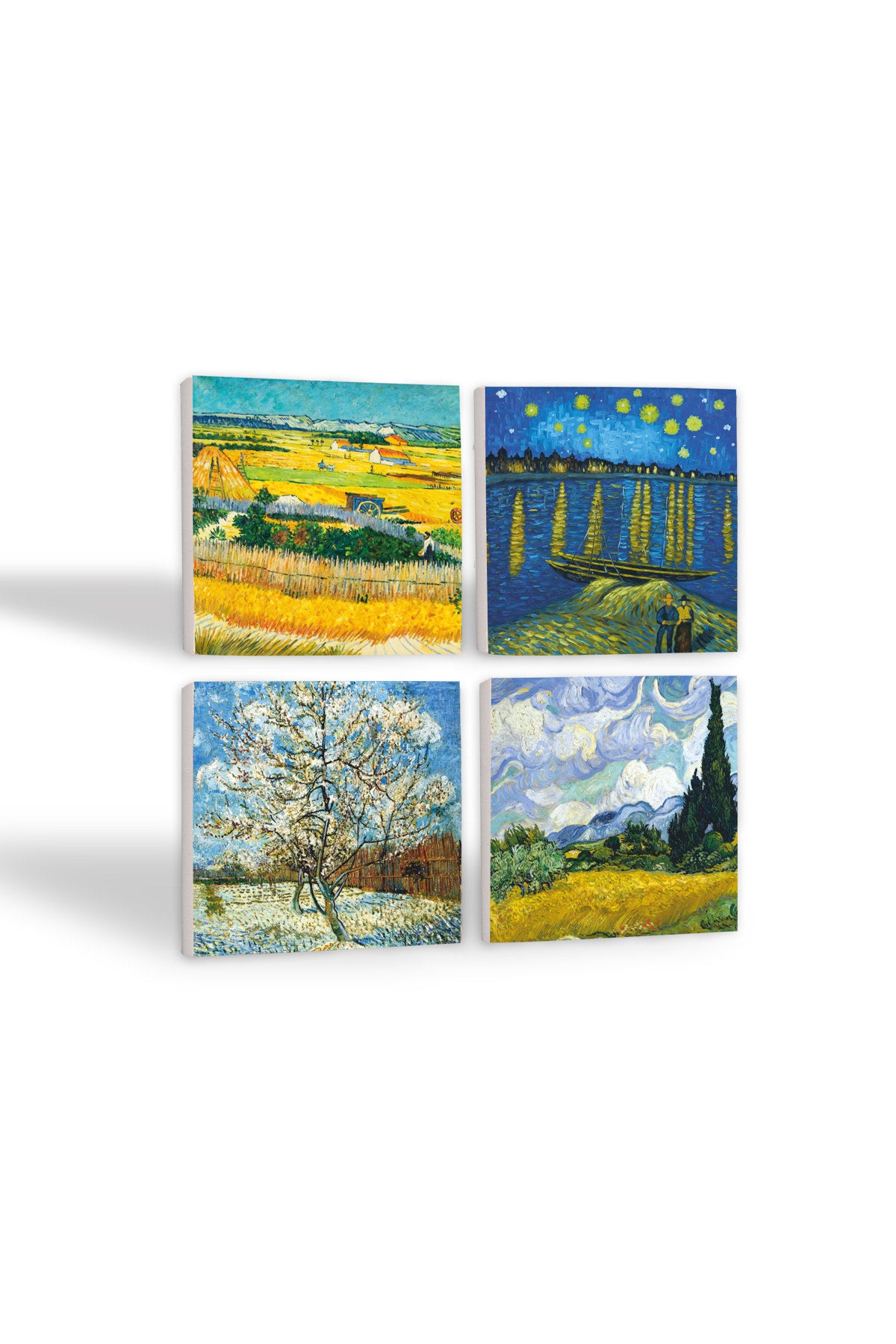 Pinecone Van Gogh Buğday Tarlası, Şeftali Ağacı, Hasat Manzarası, Ren Nehri’nde Bir Gece Taş Bardak Altlığı Seti - 4 Parça - Dekoratif, Rustik Mutfak Aksesuarı, 10x10 cm, Kaydırmaz TabanlıSC267