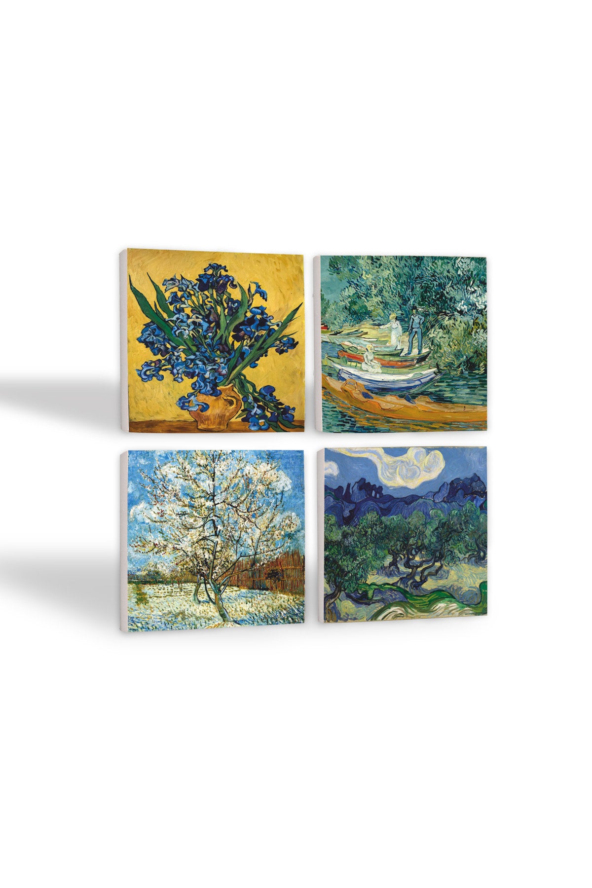 Pinecone Van Gogh Zeytin Ağaçları, Şeftali Ağacı, Süsenler, Oise Bankası Taş Bardak Altlığı Seti - 4 Parça - Dekoratif, Rustik Mutfak Aksesuarı, 10x10 cm, Kaydırmaz Tabanlı, Şık ve Dayanıklı SC269