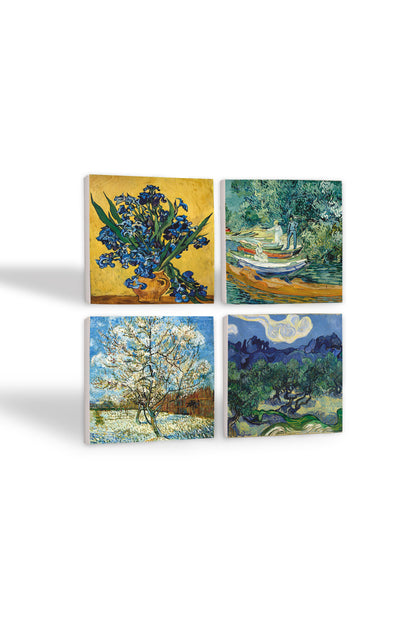 Pinecone Van Gogh Zeytin Ağaçları, Şeftali Ağacı, Süsenler, Oise Bankası Taş Bardak Altlığı Seti - 4 Parça - Dekoratif, Rustik Mutfak Aksesuarı, 10x10 cm, Kaydırmaz Tabanlı, Şık ve Dayanıklı SC269