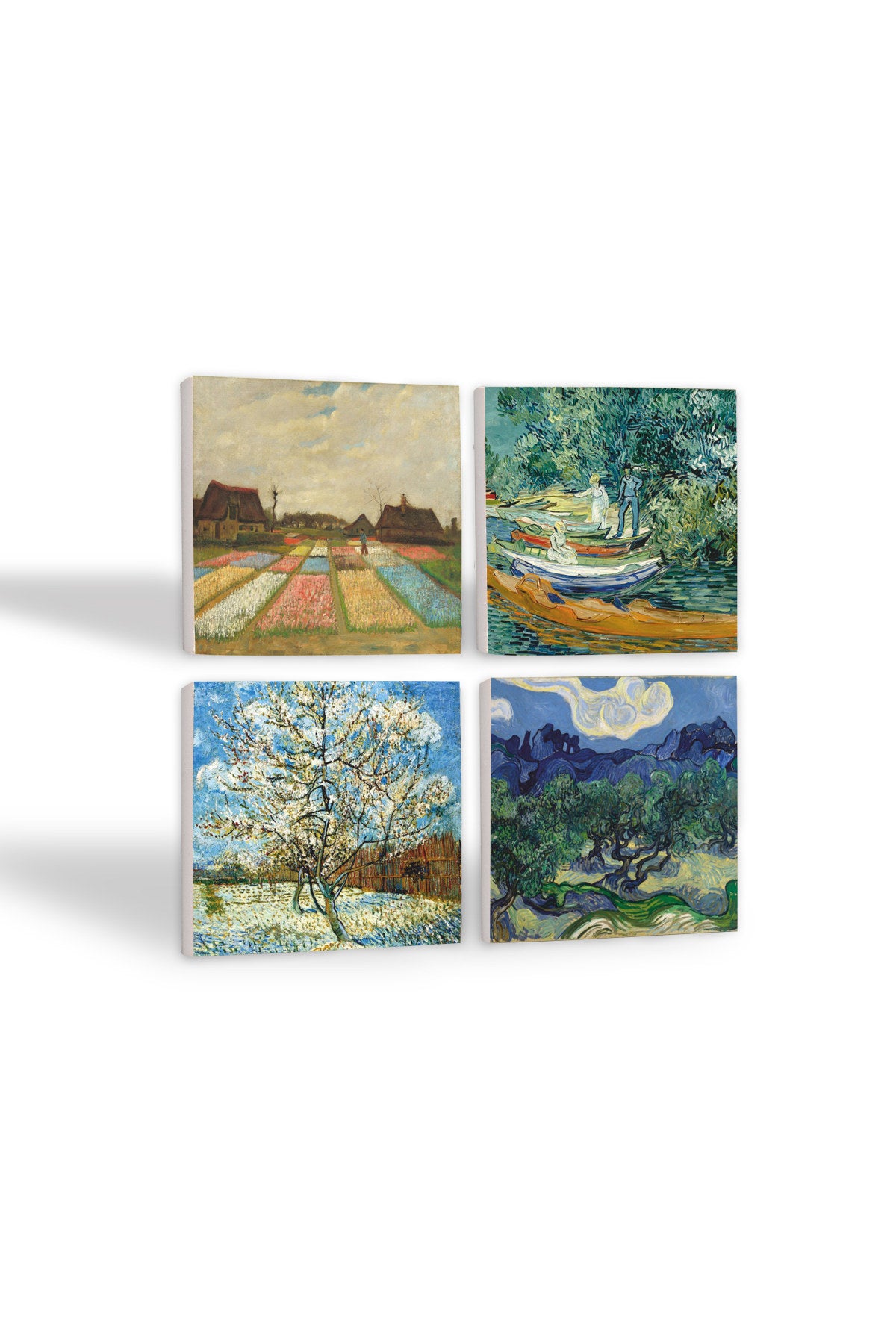 Pinecone Van Gogh Zeytin Ağaçları, Şeftali Ağacı, Lale Tarlaları, Oise Bankası Taş Bardak Altlığı Seti - 4 Parça - Dekoratif, Rustik Mutfak Aksesuarı, 10x10 cm, Kaydırmaz TabanlıSC270