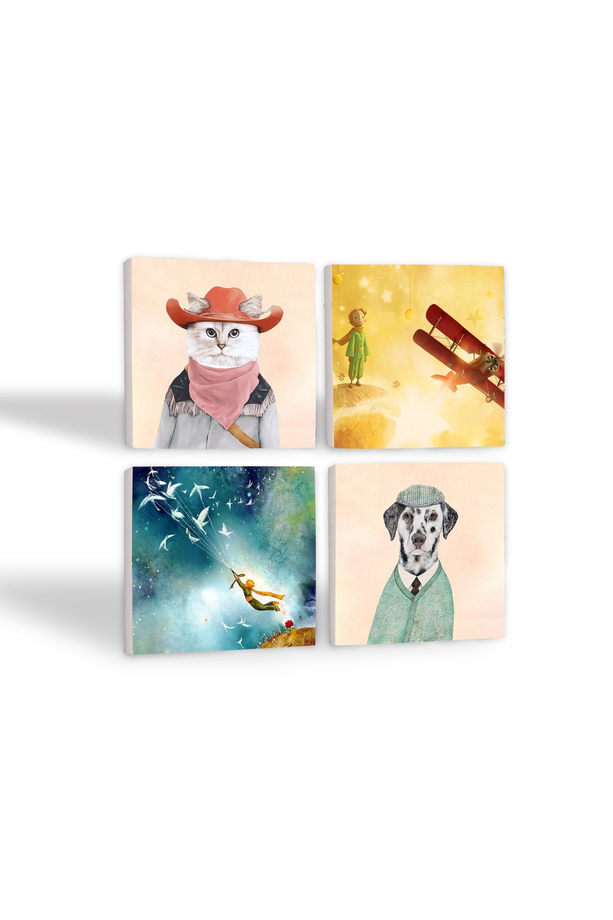 Pinecone Küçük Prens, Köpek, Kedi Taş Bardak Altlığı Seti - 4 Parça - Dekoratif, Rustik Mutfak Aksesuarı, 10x10 cm, Kaydırmaz Tabanlı, Şık ve Dayanıklı SC288