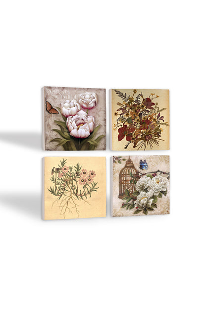 Pinecone Vintage Çiçek, Kelebekli Çiçek Taş Bardak Altlığı Seti - 4 Parça - Dekoratif, Rustik Mutfak Aksesuarı, 10x10 cm, Kaydırmaz Tabanlı, Şık ve Dayanıklı SC291