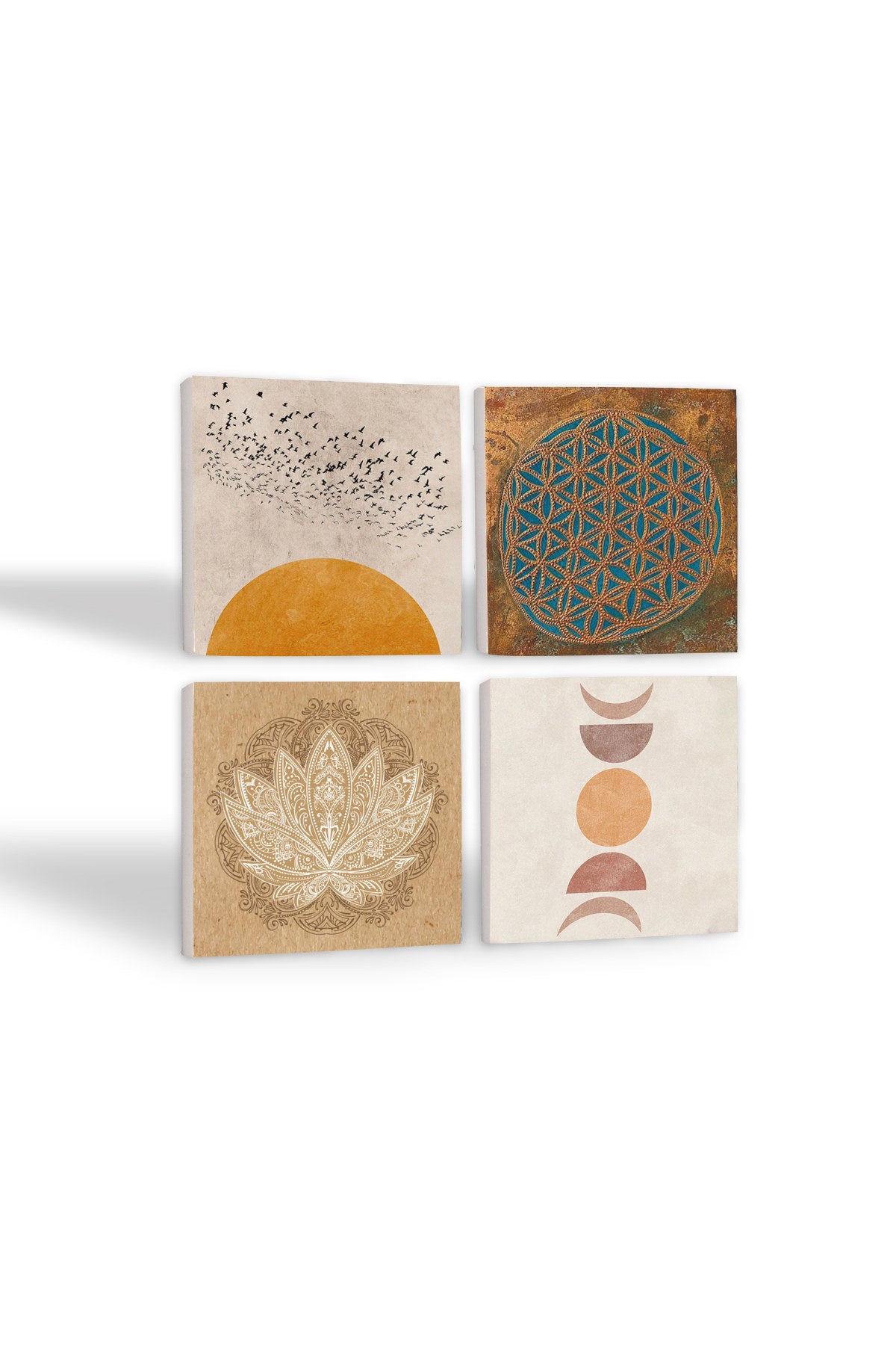 Pinecone Minimalist, Yaşam Çiçeği, Soyut, Lotus Çiçeği Taş Bardak Altlığı Seti - 4 Parça - Dekoratif, Rustik Mutfak Aksesuarı, 10x10 cm, Kaydırmaz Tabanlı, Şık ve Dayanıklı SC293