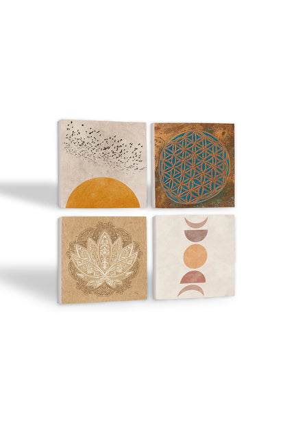 Pinecone Minimalist, Yaşam Çiçeği, Soyut, Lotus Çiçeği Taş Bardak Altlığı Seti - 4 Parça - Dekoratif, Rustik Mutfak Aksesuarı, 10x10 cm, Kaydırmaz Tabanlı, Şık ve Dayanıklı SC293