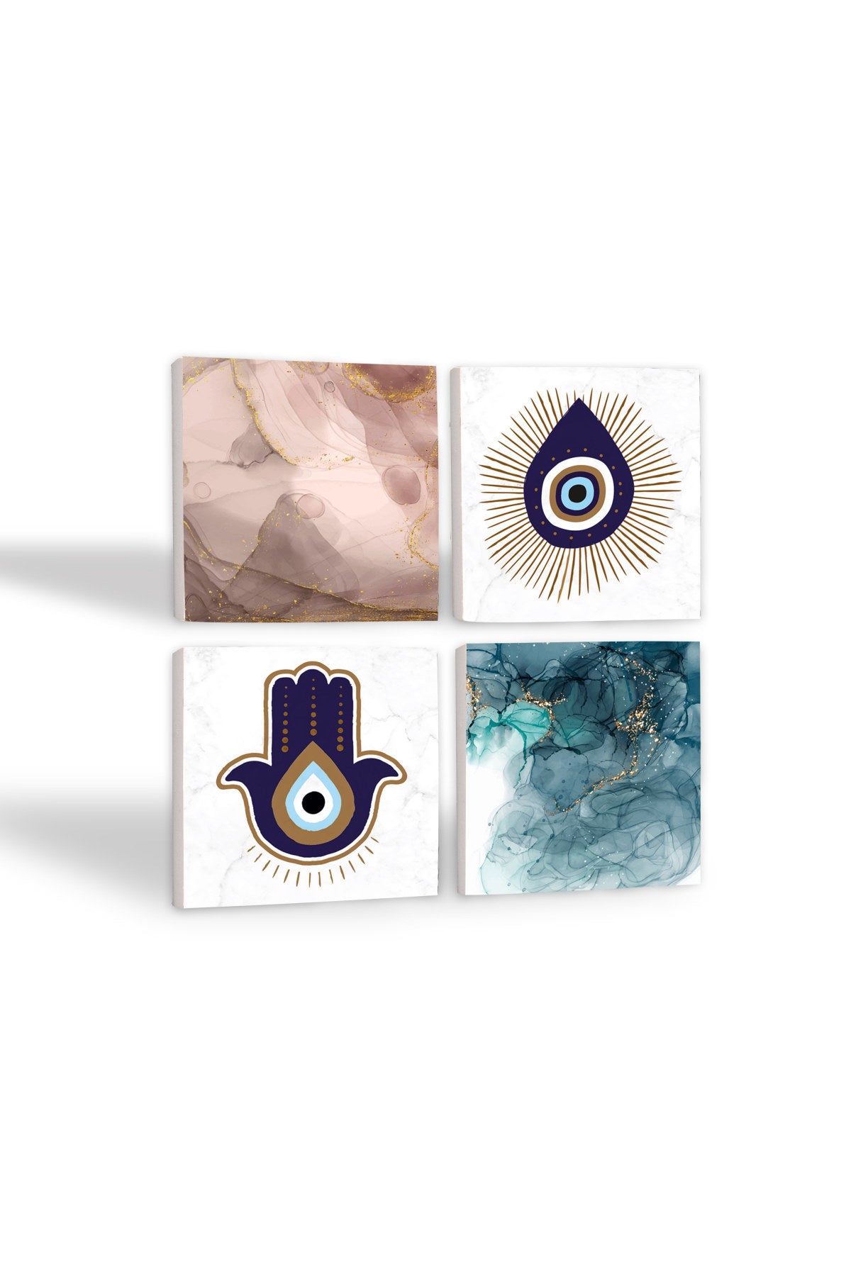 Pinecone Fatma Ana Eli (Hamsa), Nazar, Soyut Sanat Taş Bardak Altlığı Seti - 4 Parça - Dekoratif, Rustik Mutfak Aksesuarı, 10x10 cm, Kaydırmaz Tabanlı, Şık ve Dayanıklı SC297