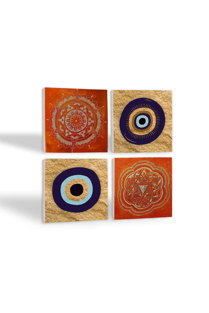 Pinecone Nazar, Sri Yantra, Mandala Taş Bardak Altlığı Seti - 4 Parça - Dekoratif, Rustik Mutfak Aksesuarı, 10x10 cm, Kaydırmaz Tabanlı, Şık ve Dayanıklı SC302