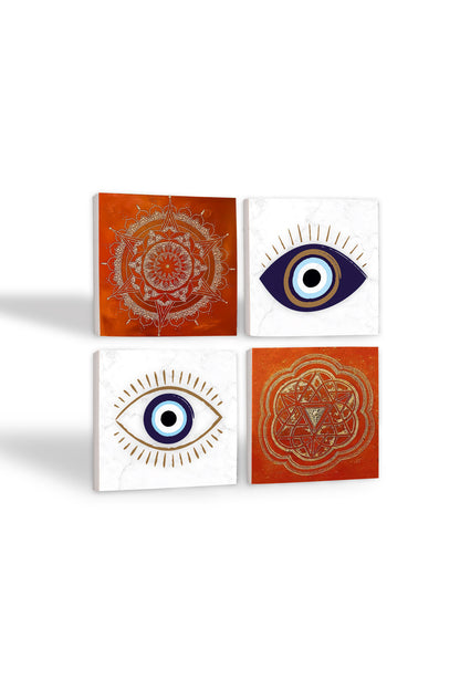 Pinecone Nazar, Sri Yantra, Mandala Taş Bardak Altlığı Seti - 4 Parça - Dekoratif, Rustik Mutfak Aksesuarı, 10x10 cm, Kaydırmaz Tabanlı, Şık ve Dayanıklı SC303