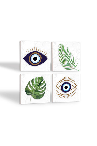 Pinecone Nazar, Yaprak Taş Bardak Altlığı Seti - 4 Parça - Dekoratif, Rustik Mutfak Aksesuarı, 10x10 cm, Kaydırmaz Tabanlı, Şık ve Dayanıklı SC352